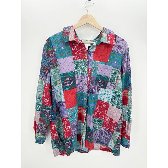 Coldwater Creek Button Down Shirt Silk Cotton Women 1X Floral Patchwork Artsy - Picture 1 of 7